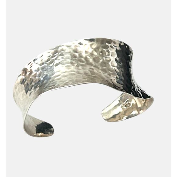 Hammered 925 Silver Bracelet Wave Bone Cuff Raised Wrist Mexico Modernist Boho - Picture 6 of 12